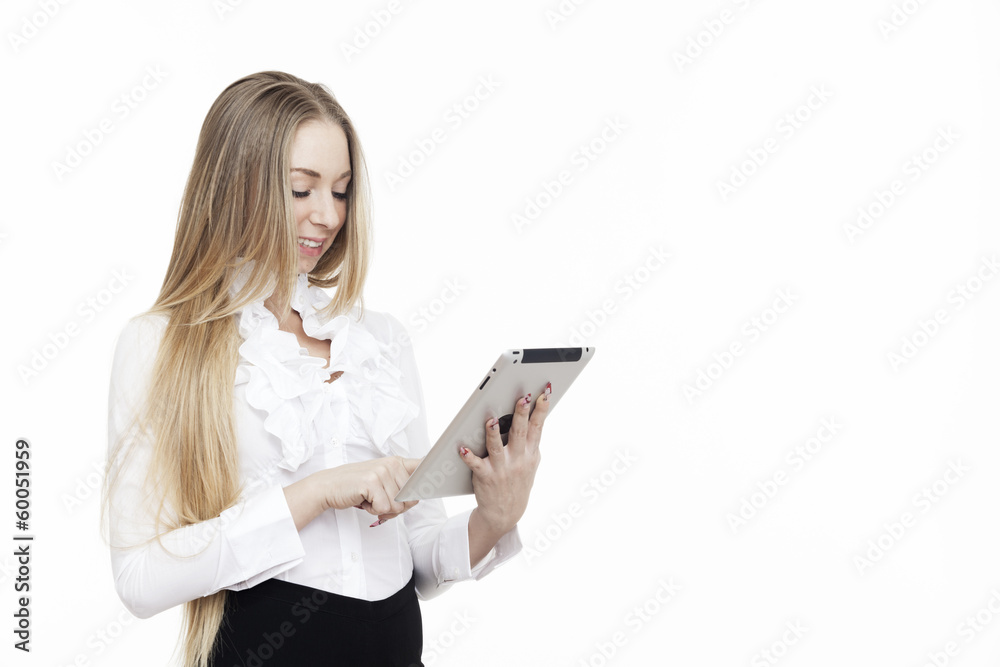 young business woman smiling using touch pad tablet pc isolated young business woman smiling using touch pad tablet pc isolated