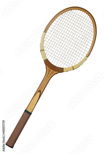 Old wooden tennis racket isolated on white background