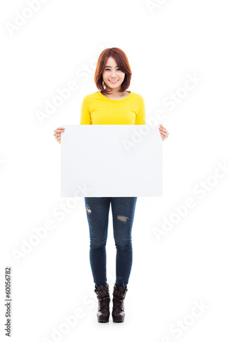 Asian woman showing banner.