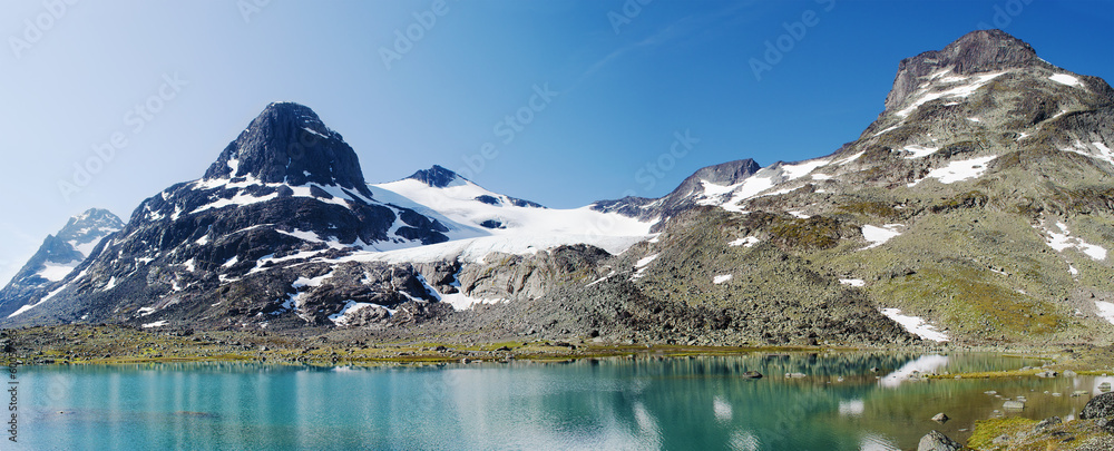 Mountain lake panorama - obrazy, fototapety, plakaty 