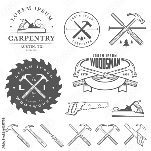 Set of vintage carpentry tools, labels and design elements