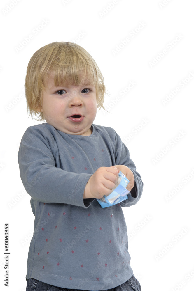 little toddler having a cold, isolated on white