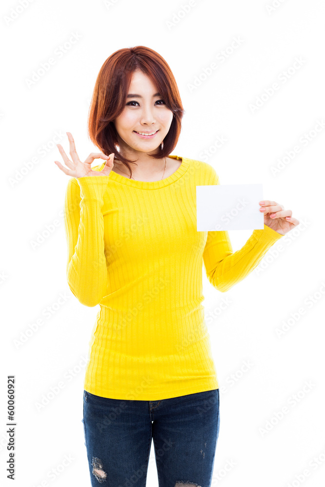 Asian woman showing empty card Asian woman showing empty card