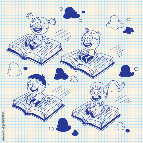 kids flying on books