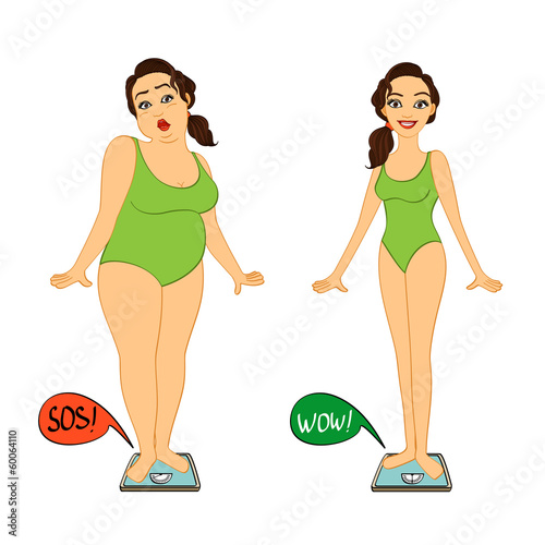 Fat and slim woman on weights scales