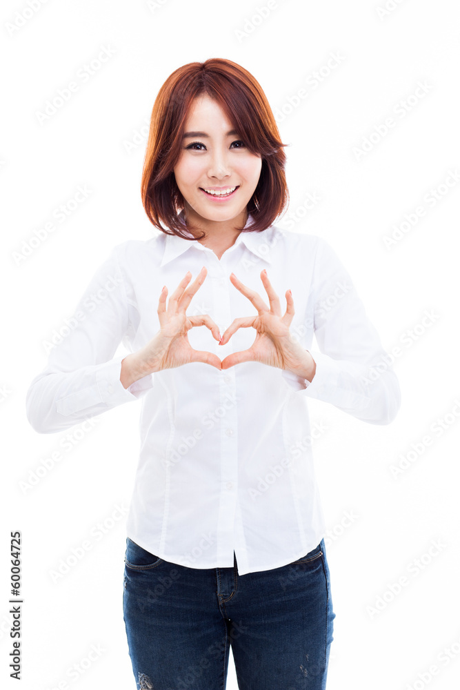 Beautiful Asian casual woman show heart shape. Beautiful Asian casual woman show heart shape.