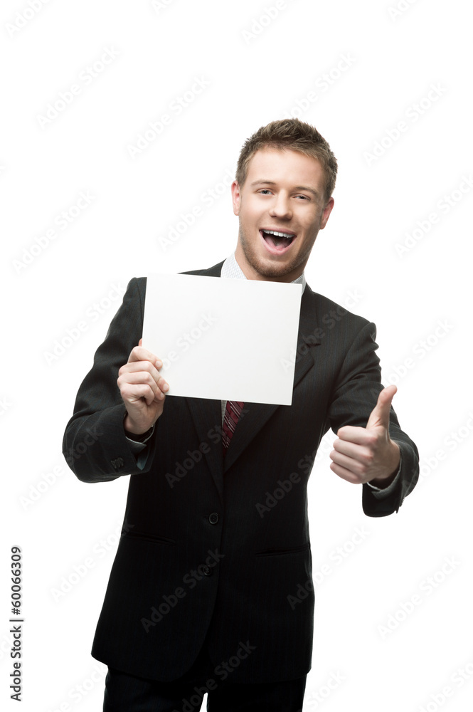 cheerful businessman holding sign cheerful businessman holding sign