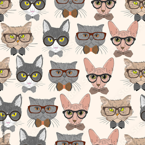 Seamless hipster cats pattern background