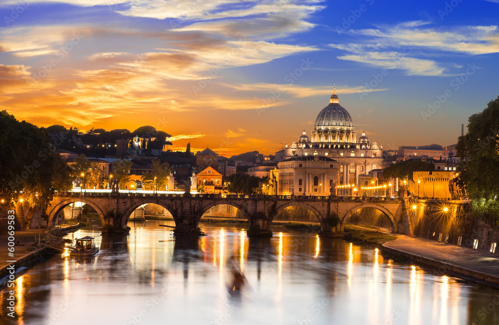 Sunset view of Basilica St Peter and river Tiber in Rome. Italy