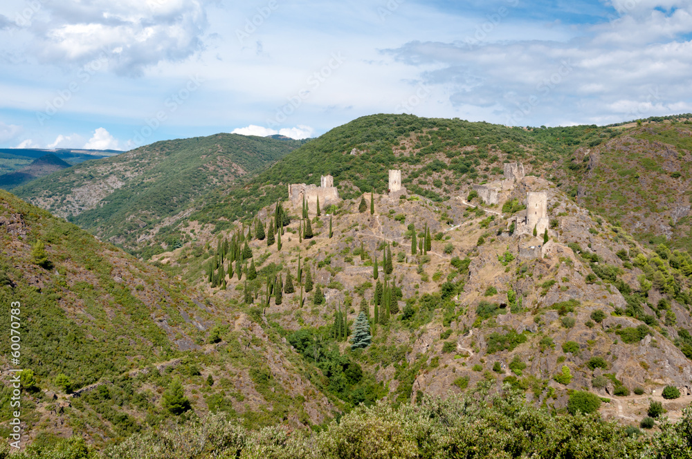 Les quatre chateaux de Lastours wide  panoramic view