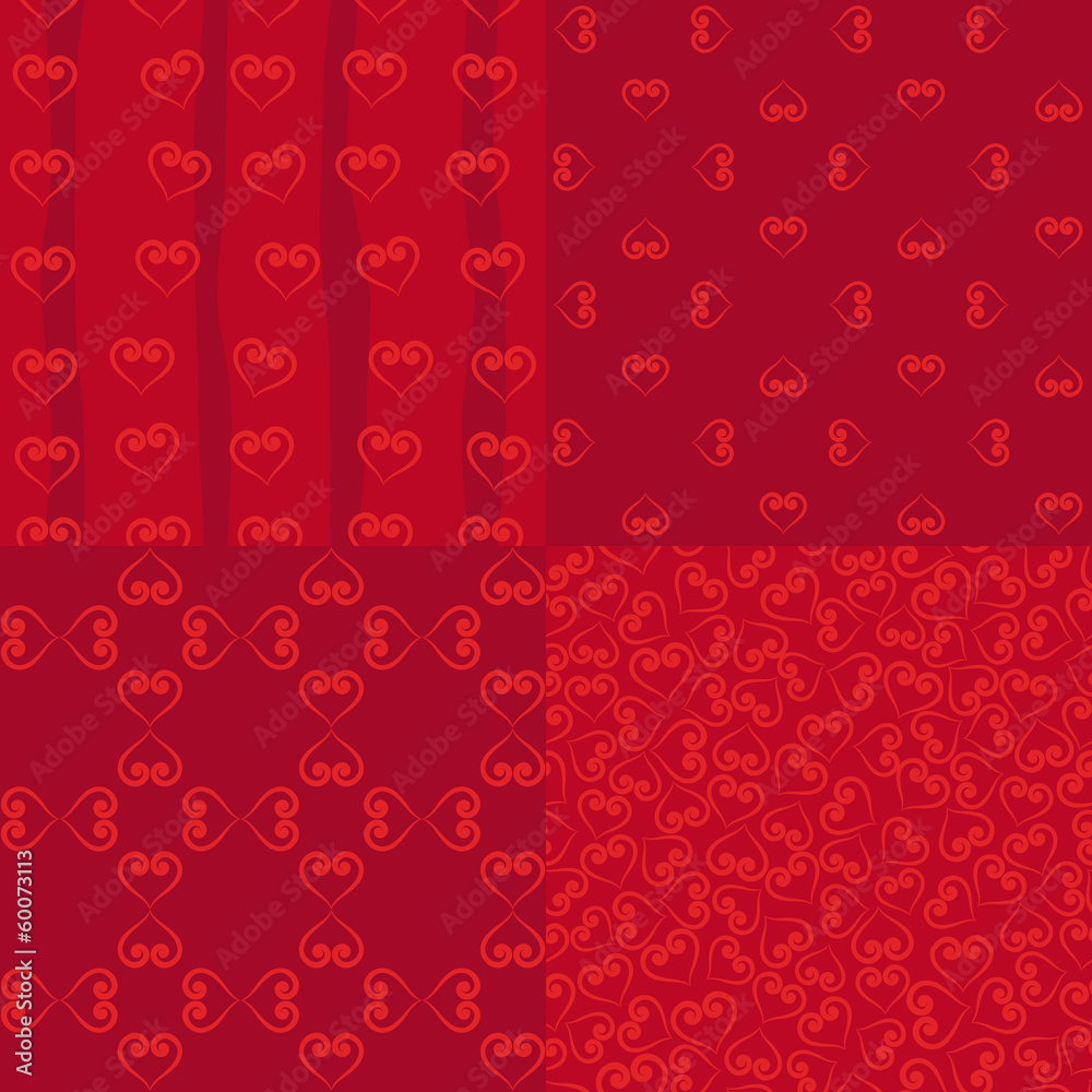 Set of four seamless patterns with hearts on red Set of four seamless patterns with hearts on red