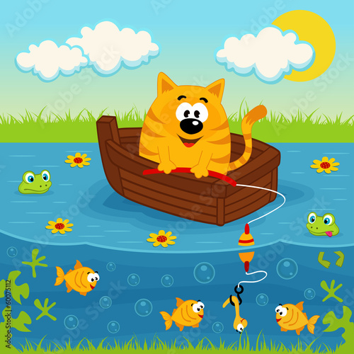 Cat on a boat fishing in a pond - vector illustration