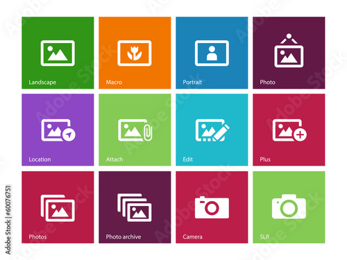 Photographs and Camera icons on color background.