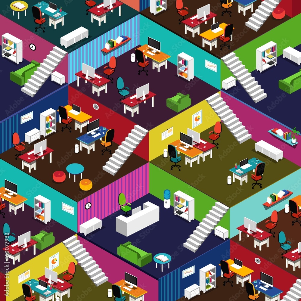 Many Isometric Office Interiors and Furniture Illustration