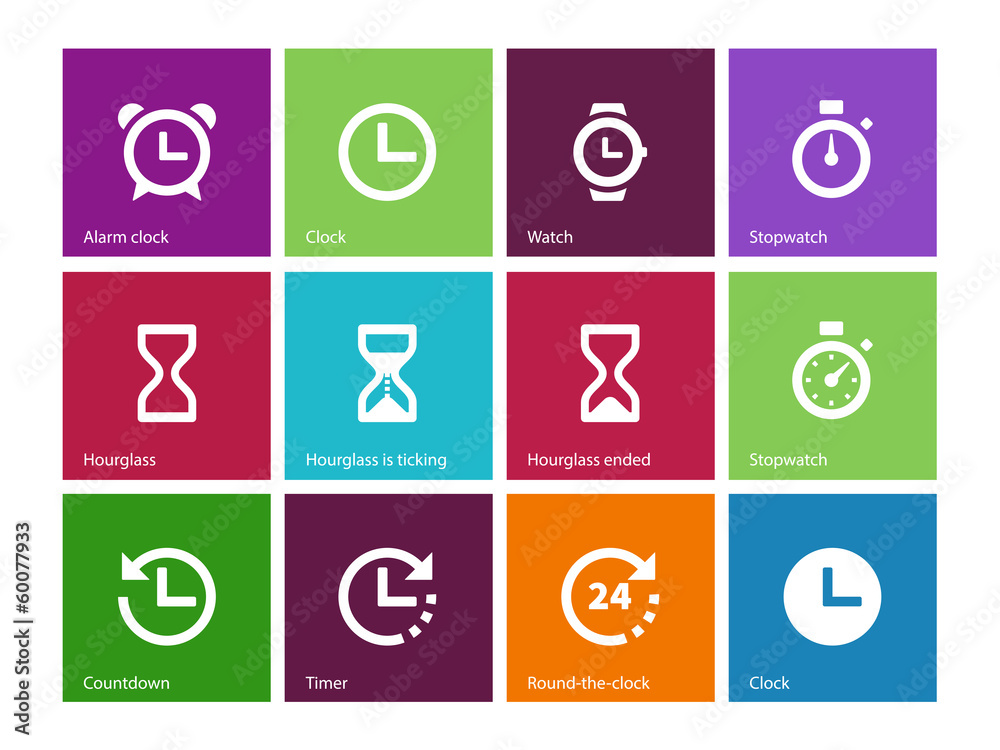Time and Clock icons on color background. Time and Clock icons on color background.