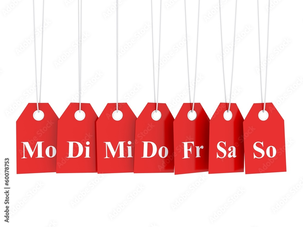 Angebot der Woche. Wochentage, an roten Hängeetiketten. Stock