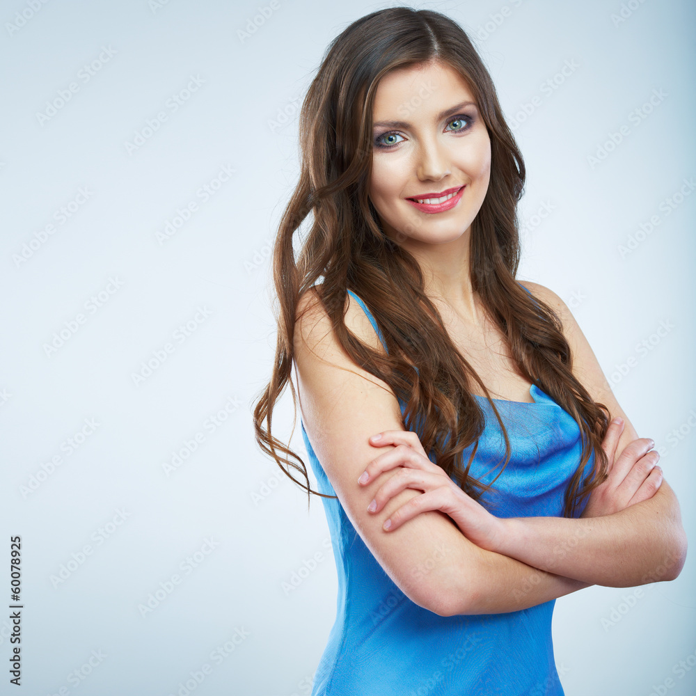 Beautiful young woman blue evening dress portrait. Beautiful young woman blue evening dress portrait.