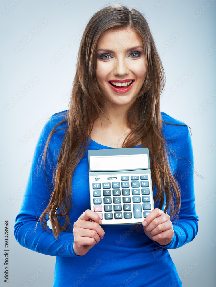 Isolated woman hold count machine. Isolated female portrait. Isolated woman hold count machine. Isolated female portrait.