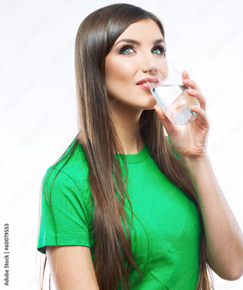 Smiling woman hold water glass. Isolated white background femal Smiling woman hold water glass. Isolated white background femal