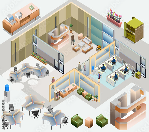office isometric. with completed workstation, meeting room