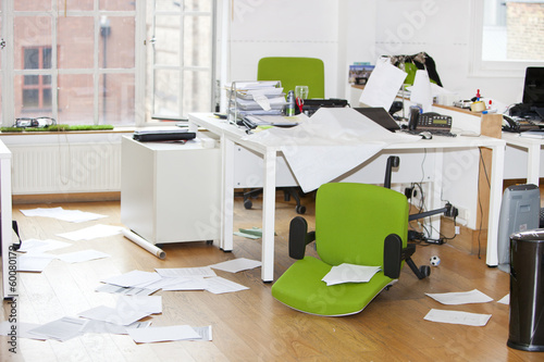 Close-up view of ransacked office