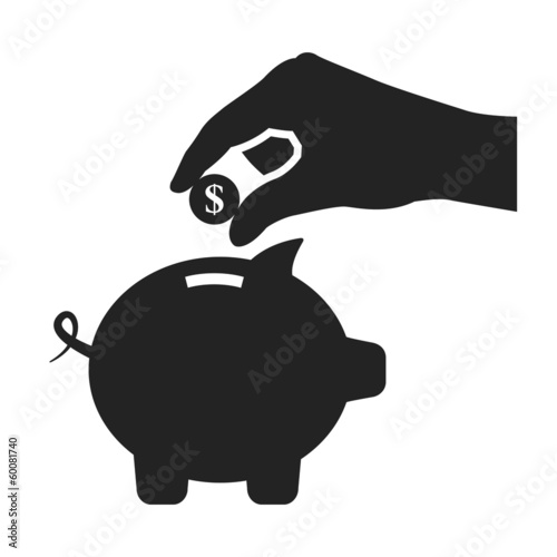 piggy bank and hand with coin black icon