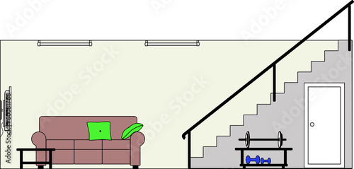 Basement with Stairs Furniture and Weight Lifting Equipment