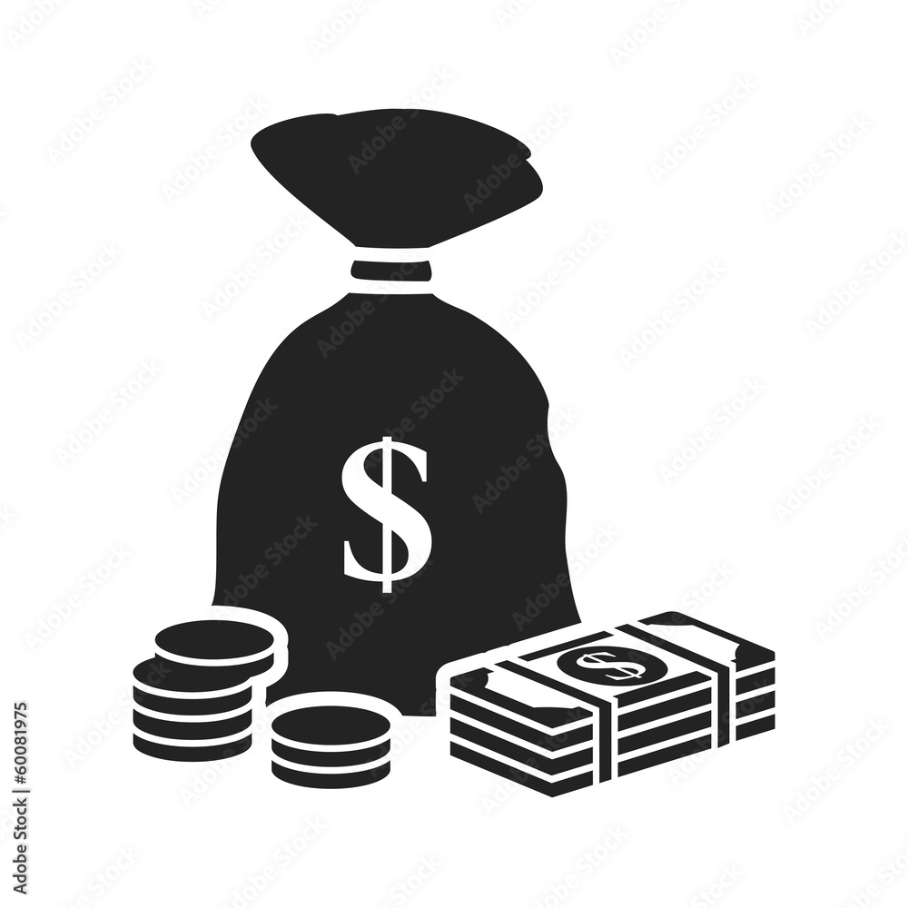 money bag black icon with dollars and stacks of coins Stock Vector