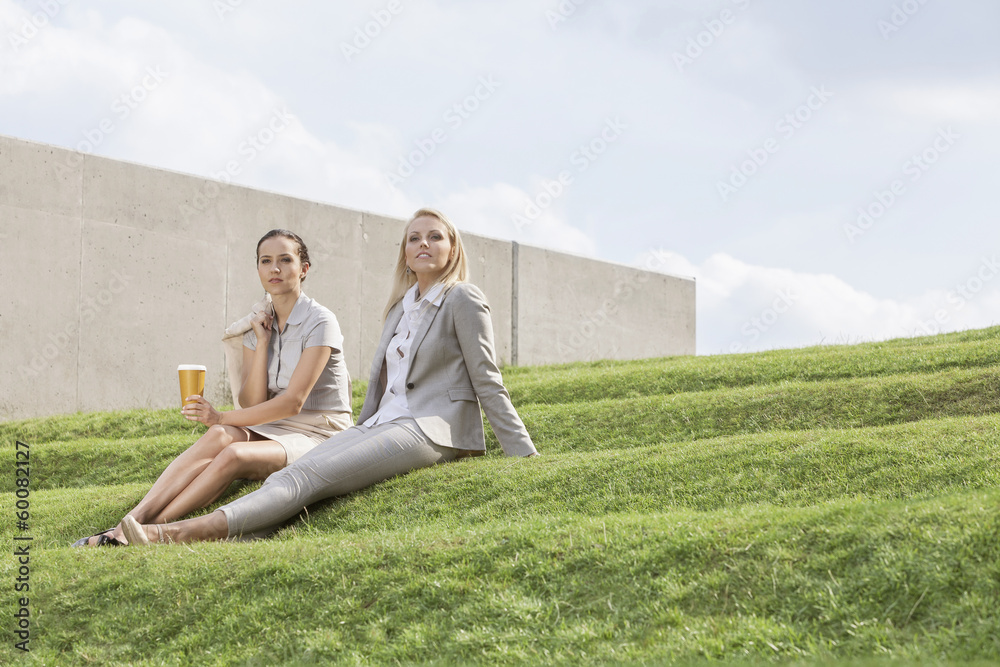 Full length of relaxed businesswomen in formals sitting on grass steps against sky