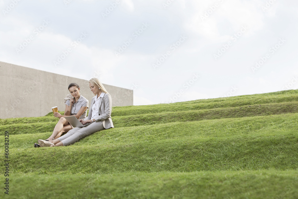 Full length of female business executives with disposable coffee cup and laptop sitting on grass steps against sky