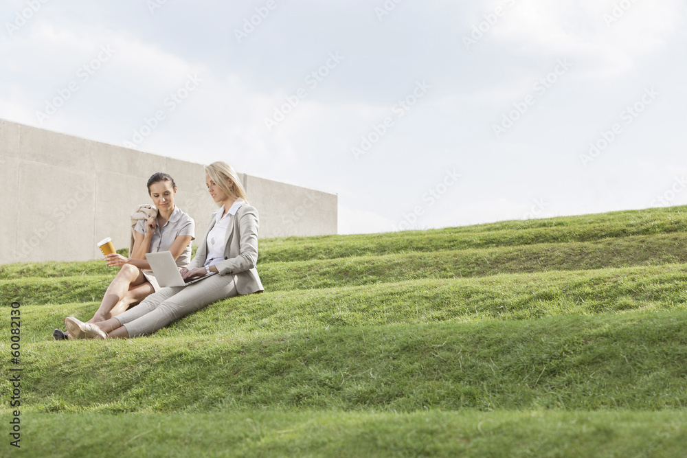 Full length of businesswomen with disposable coffee cup and laptop sitting on grass steps against sky