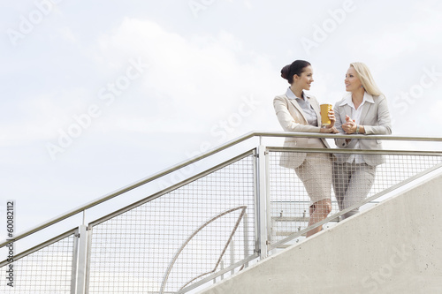 Low angle view of young businesswomen talking while standing by railing against sky