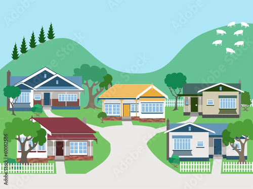 Villas and Bungalow Houses in Suburban Street