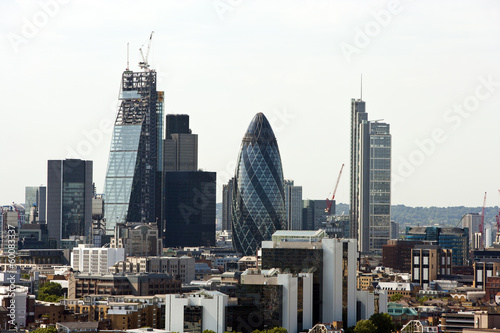 Photography Elevated view of The Gherkin and surrounding buildings, London