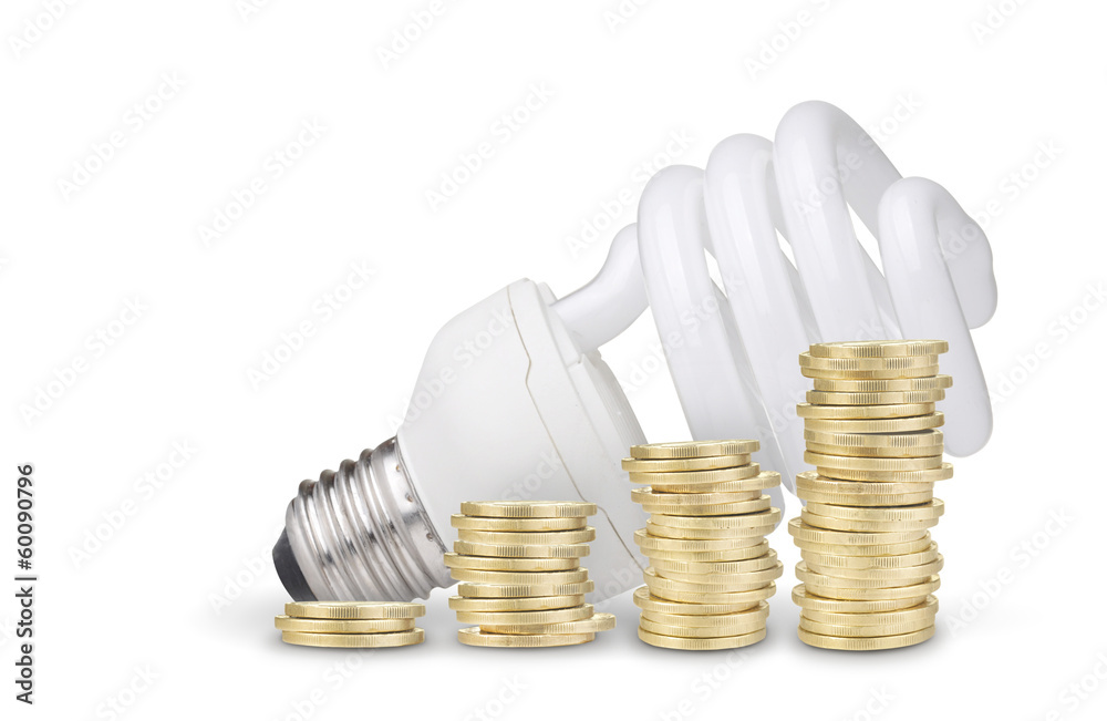 Money saved with energy saver bulb. Isolated on white background Money saved with energy saver bulb. Isolated on white background