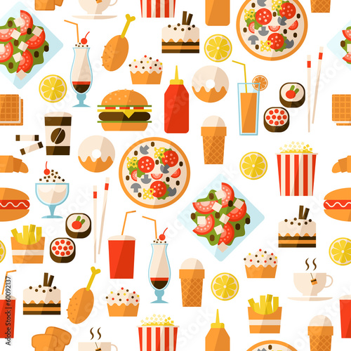 Seamless pattern with fast food and drink