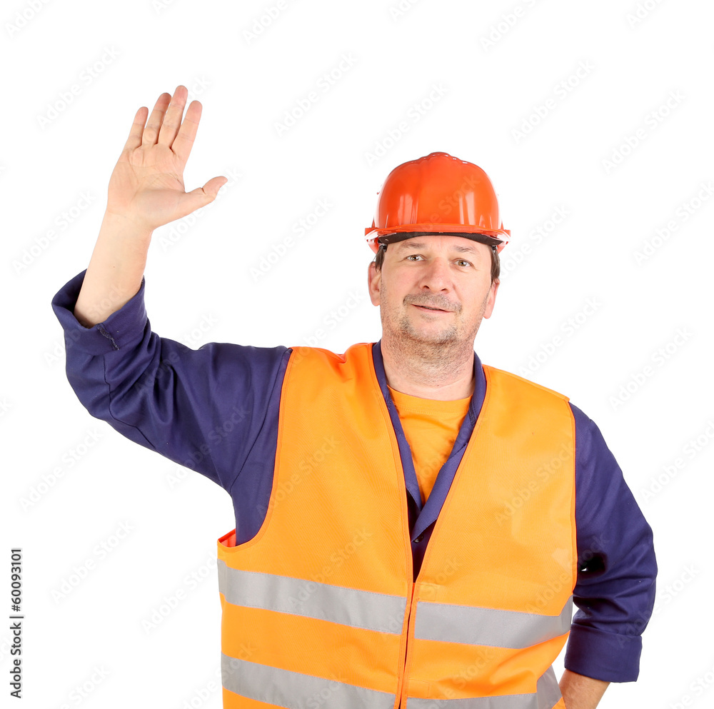 Worker in hard hat with hand up. Worker in hard hat with hand up.