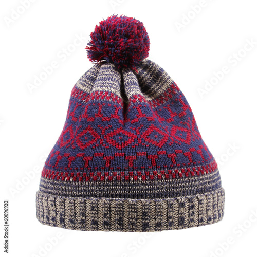 knitted wool winter hat with pom pom isolated on white
