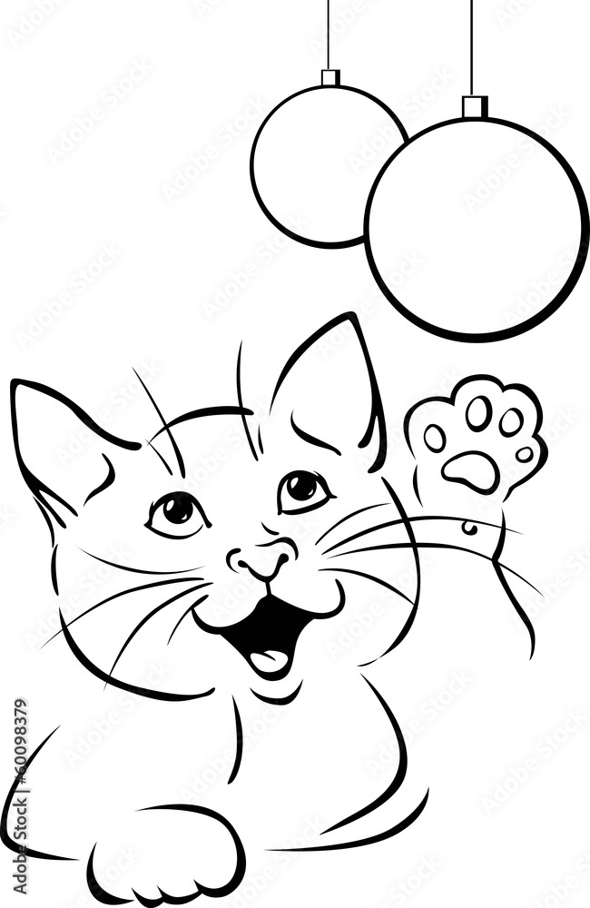vector cat playing with xmas ball - black outline illustration