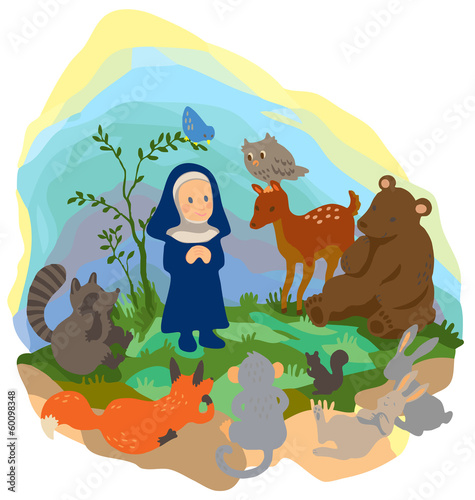 A nun is preaching truth to animals in the wood