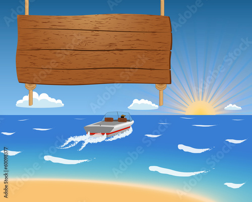 Summer background with motorboat and wooden sign. photo