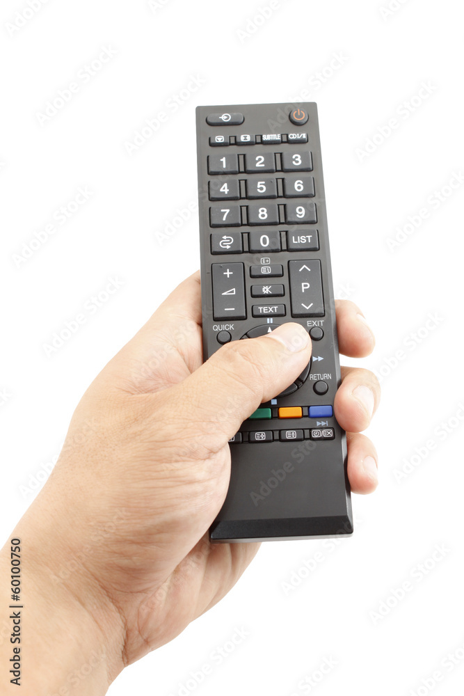 Hand holding remote control isolated on white Hand holding remote control isolated on white