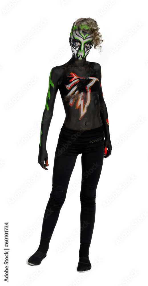 The girl in an unusual dance image, painted in dark colors The girl in an unusual dance image, painted in dark colors
