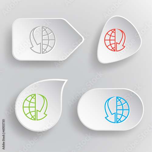 Globe and array down. White flat vector buttons on gray backgrou