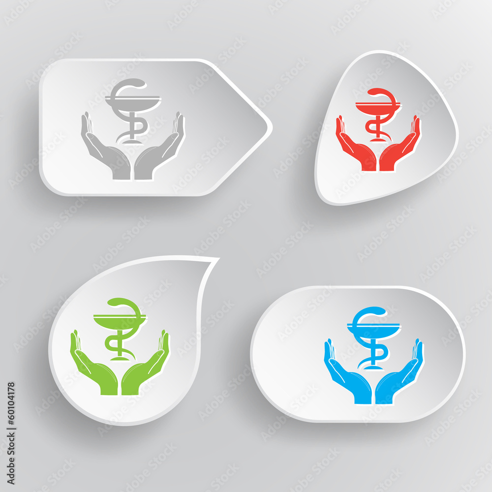 health in hands. White flat vector buttons on gray background.