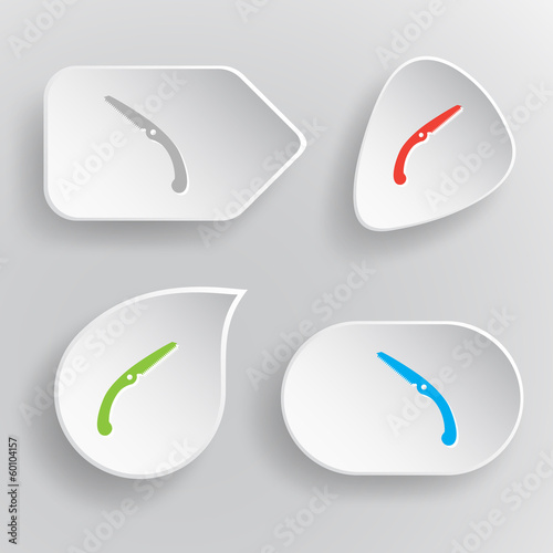 Hand saw. White flat vector buttons on gray background.