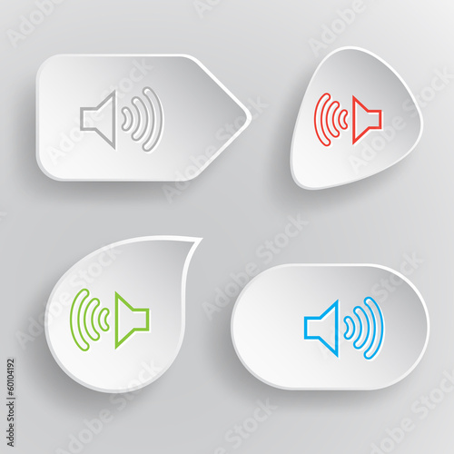 Loudspeaker. White flat vector buttons on gray background.