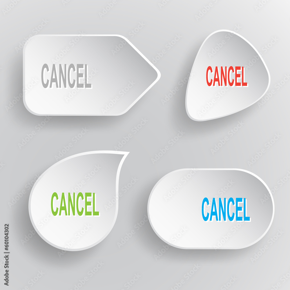 Cancel. White flat vector buttons on gray background.