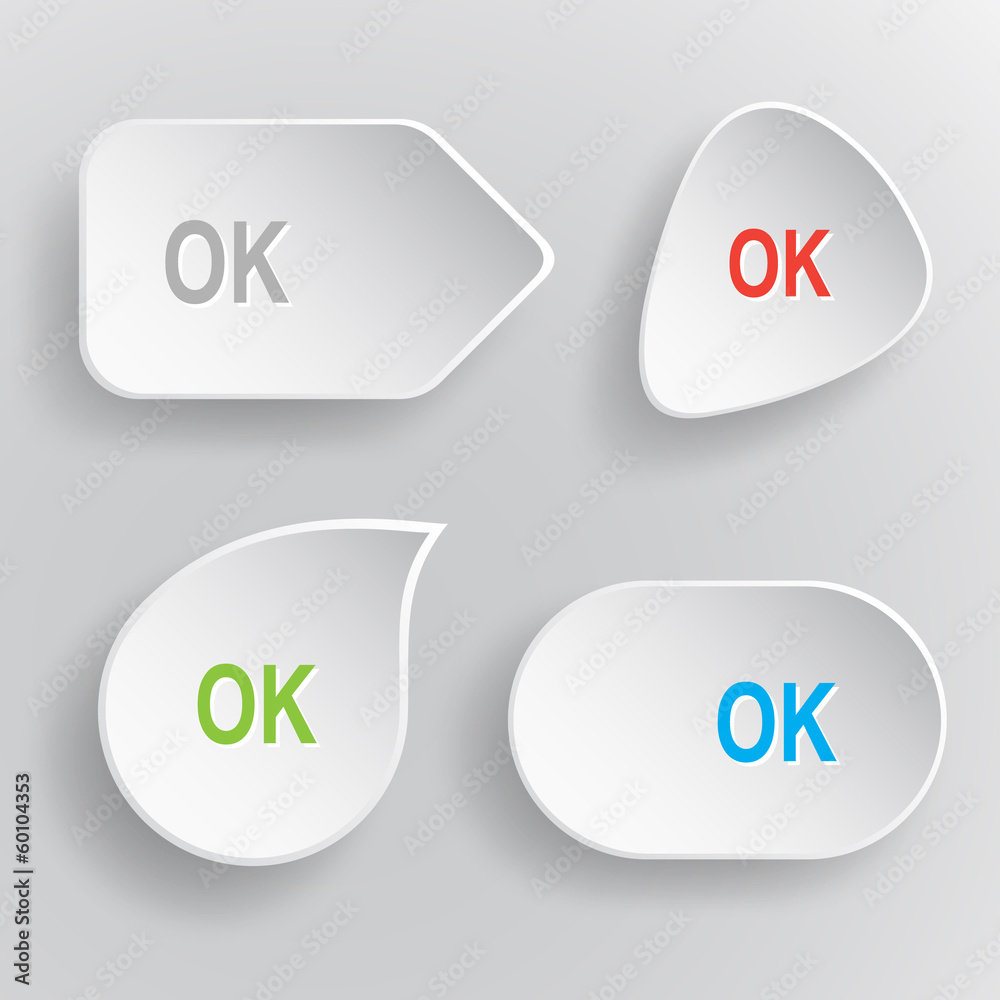 Ok. White flat vector buttons on gray background. Ok. White flat vector buttons on gray background.