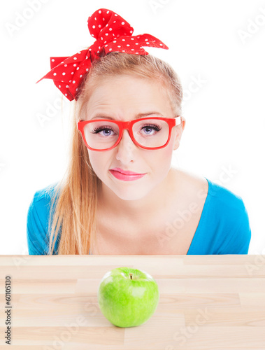 Woman unhappy with healthy food idea, dieting concept photo